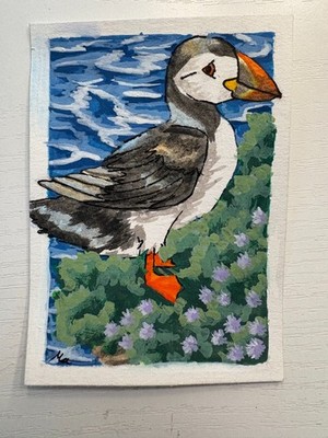 ACEO Original Artist Trading Card by Monika Angner Puffin Bird on Ocean Cliff