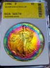 1996 1oz American Silver Eagle .999/ SGS 70/ GORGEOUS RAINBOW.
