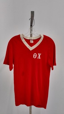 Vintage Red Greek Letter V-Neck Jersey   ''THE NEW K!/! 111 FIRST STREET'' (Large)