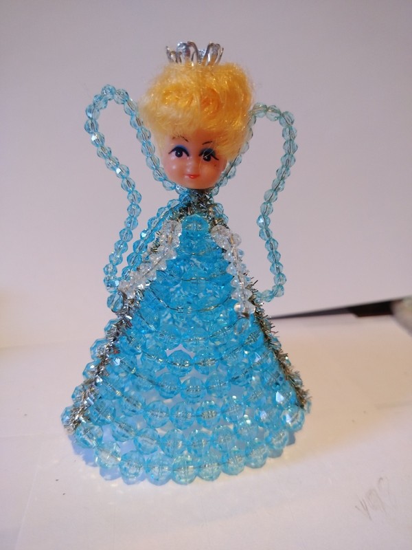 Safety Pin Blonde Doll Beaded Blue & Clear Beads 1970's Vintage