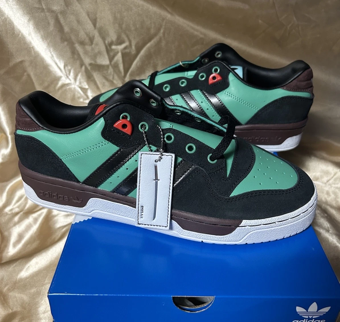 size 10.5 ADIDAS RIVALRY Low Originals ; DEMON SLAYER Mint Green & Black