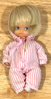 Vintage 1980s Fishel Tiny Love 5.5'' Poseable Baby Doll in Original Hoodie Jumper