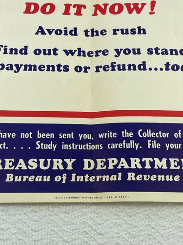 VTG Original WW2 Do It Now Tax Return 1944 Propaganda Poster Rare - Picture 10 of 14