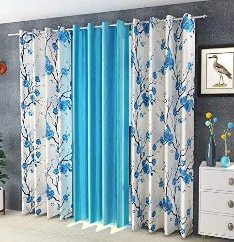 Ensemble De 3 Pcs Rideaux En Polyester Imprimés Floraux 7 Pieds Aqua