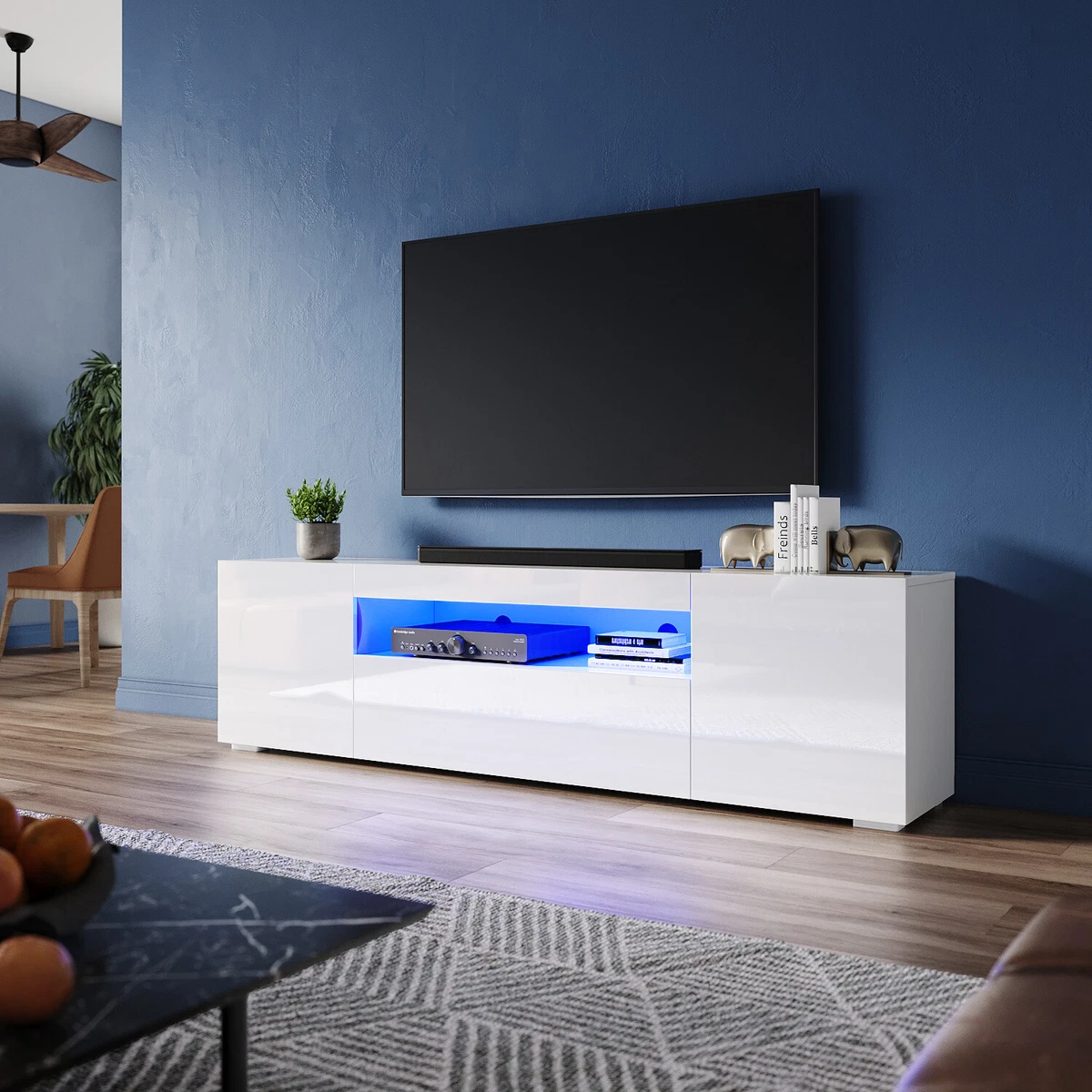 High Gloss TV Unit Cabinet Stand 180cm White Storage with LED Lights Sideboard