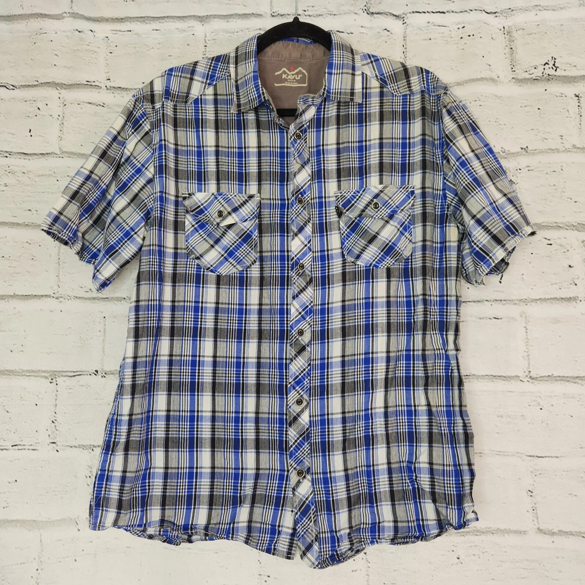 Kavu Plaid Blue Button Down Short Sleeve Shirt 100 Cotton Mens
