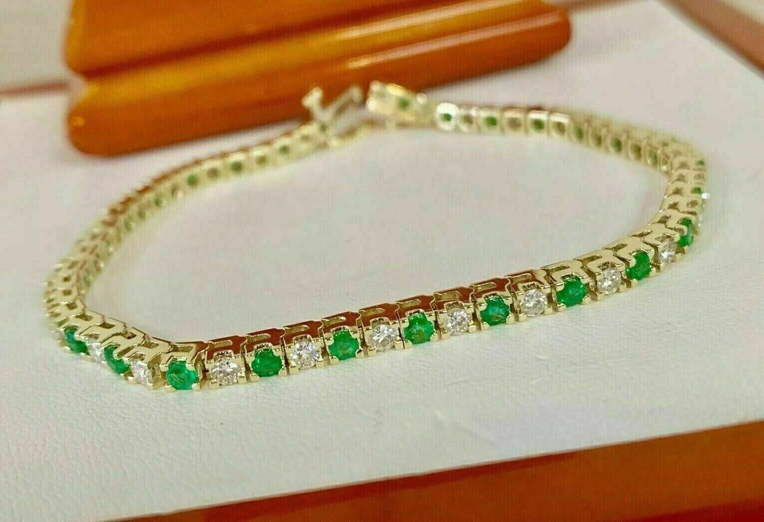 8Ct Round Cut Emerald & Diamond Womens Tennis Bracelet 14k Yellow Gold Plated 7"