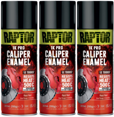 3 x U-Pol Raptor 1K Pro Caliper Enamel Real Red Aerosol 357ml High Temperature