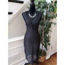 Haute Monde Sheath Dress Womens L Black Mesh Striped Lined Deep V Neck Back Zip