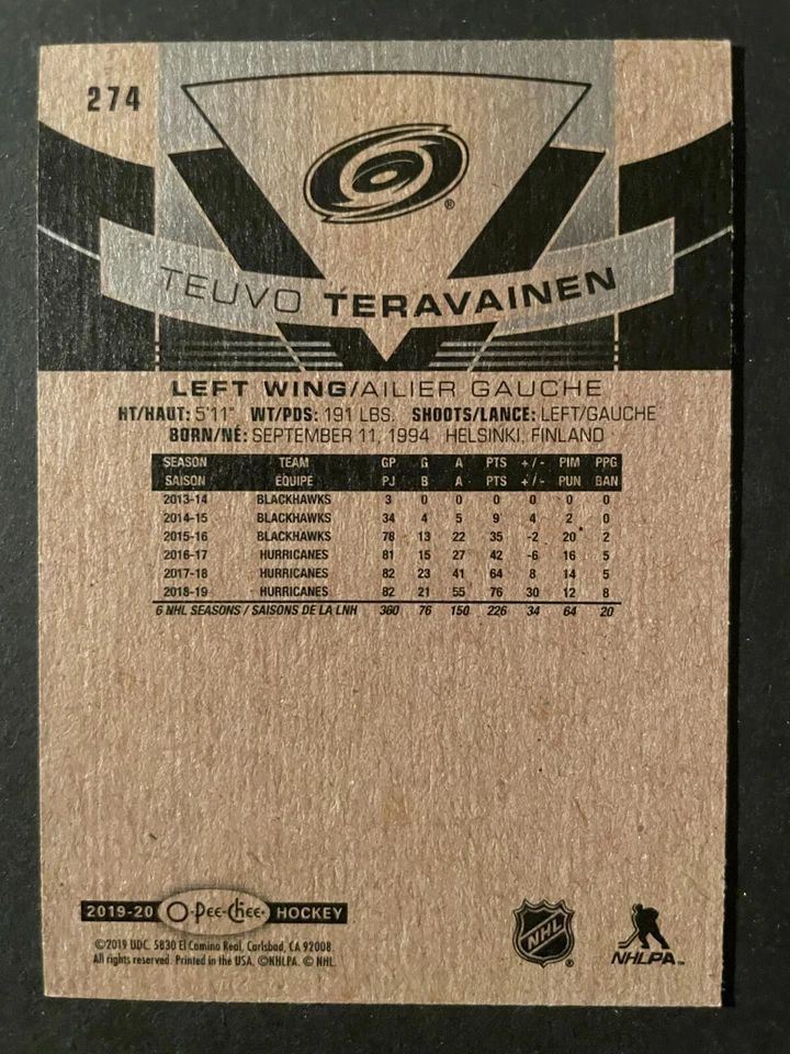 Teuvo TERAVAINEN 2019-20 O-Pee-Chee Hockey #274 Carolina Hurricanes - Image 2 of 2