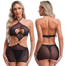 Womens Mini Dress Thong Lingerie Mesh Underwear Underwire Sleepwear Tempting