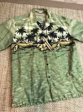 Winnie Fashion Hawaiian Aloha Shirt L Palms Boats Green Hawaii USA Made