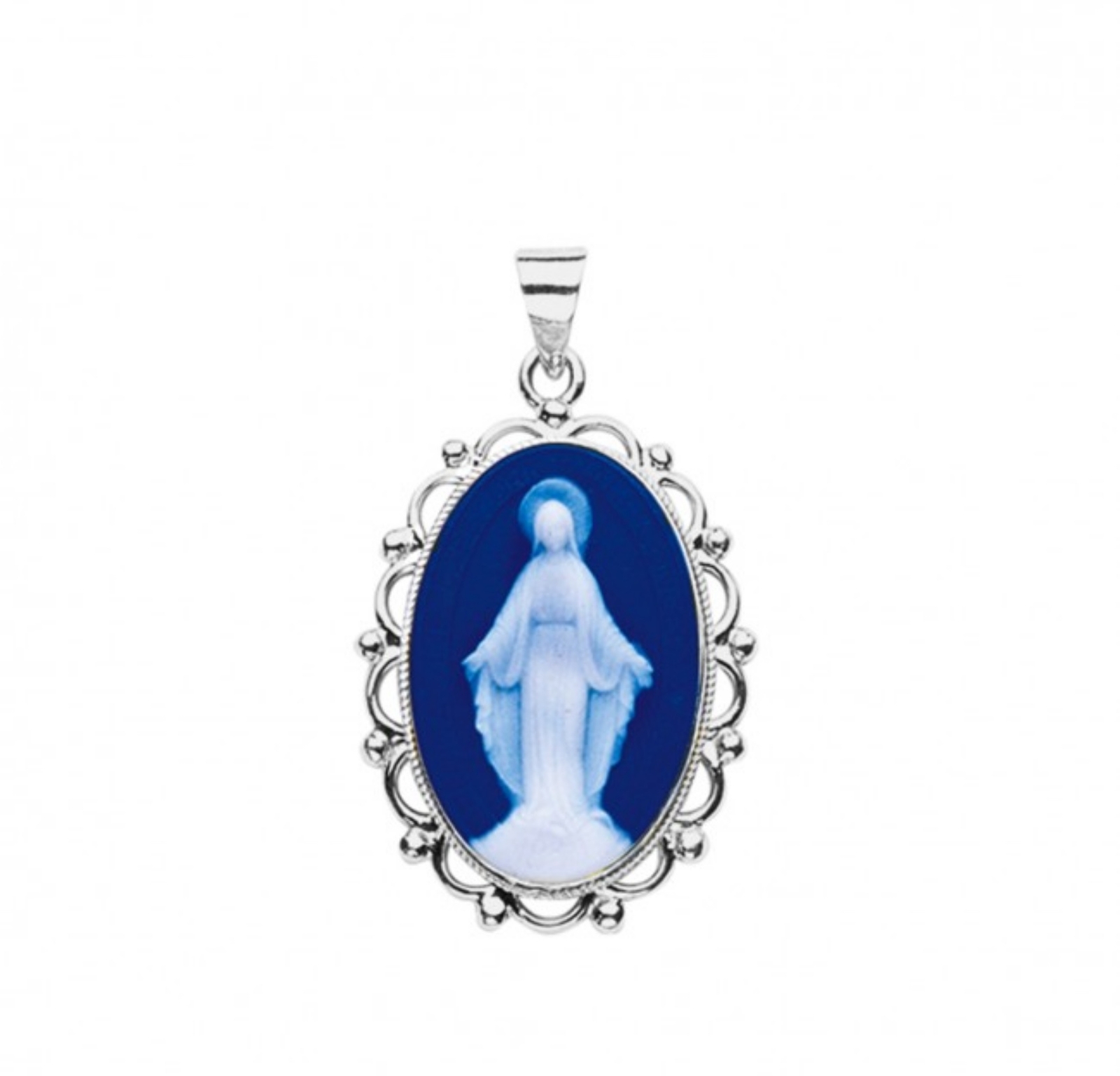 N.G. Sterling Silver and Dark Blue Miraculous Medal Cameo on 24 Inch ...