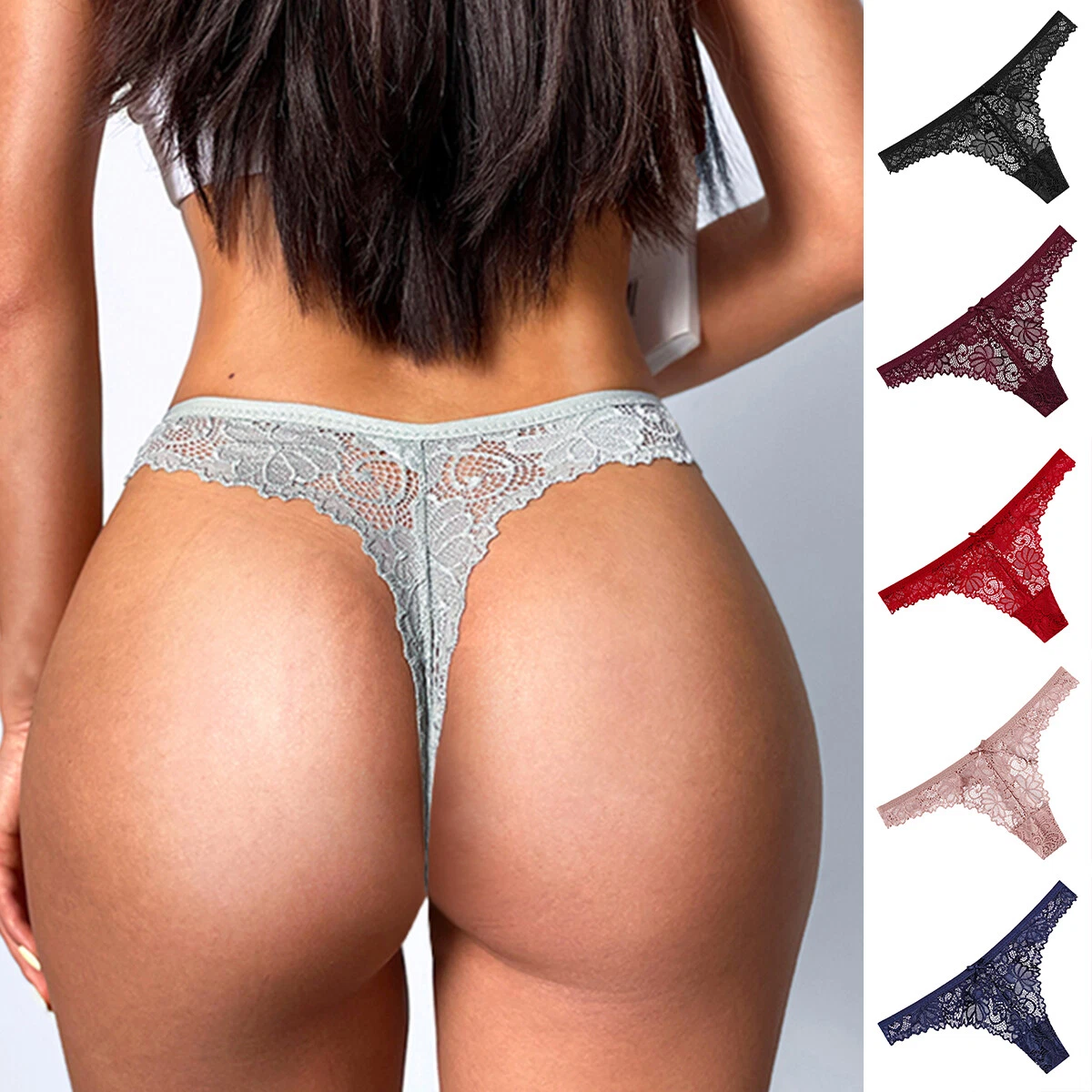 Women Low Rise Satin Lace Silky Floral Panties Thong Knickers