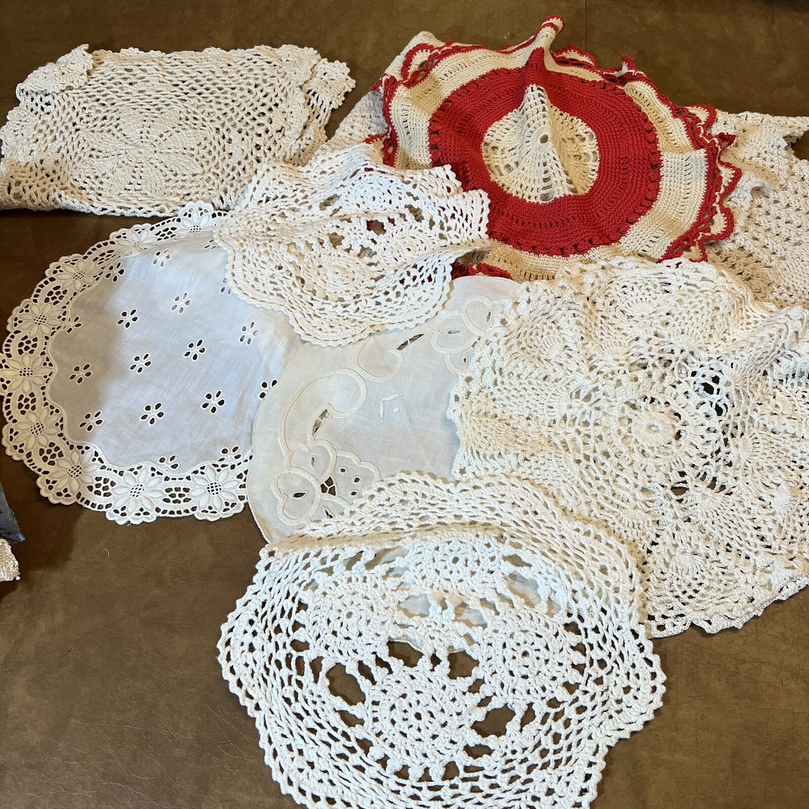 Lot 23 Assorted Doilies Lace Table Runners Napkins Embroidery Red Yellow Accents