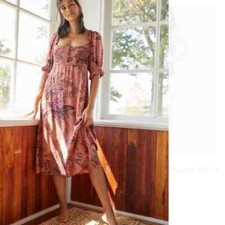 Anthropologie Smocked Bodice Puff Sleeve Clay Bird Print Midi Dress Size Xsmall