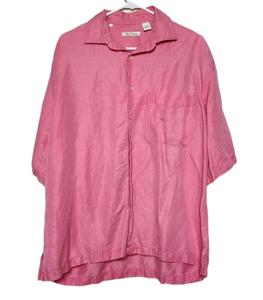 Peter Millar Mens L Silk Linen Blend Button Up Shirt Short Sleeve Pocket Pink