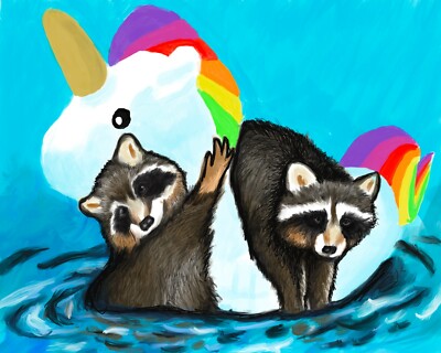 RACCOONS on UNICORN Floatie Art PRINT of Digital Painting