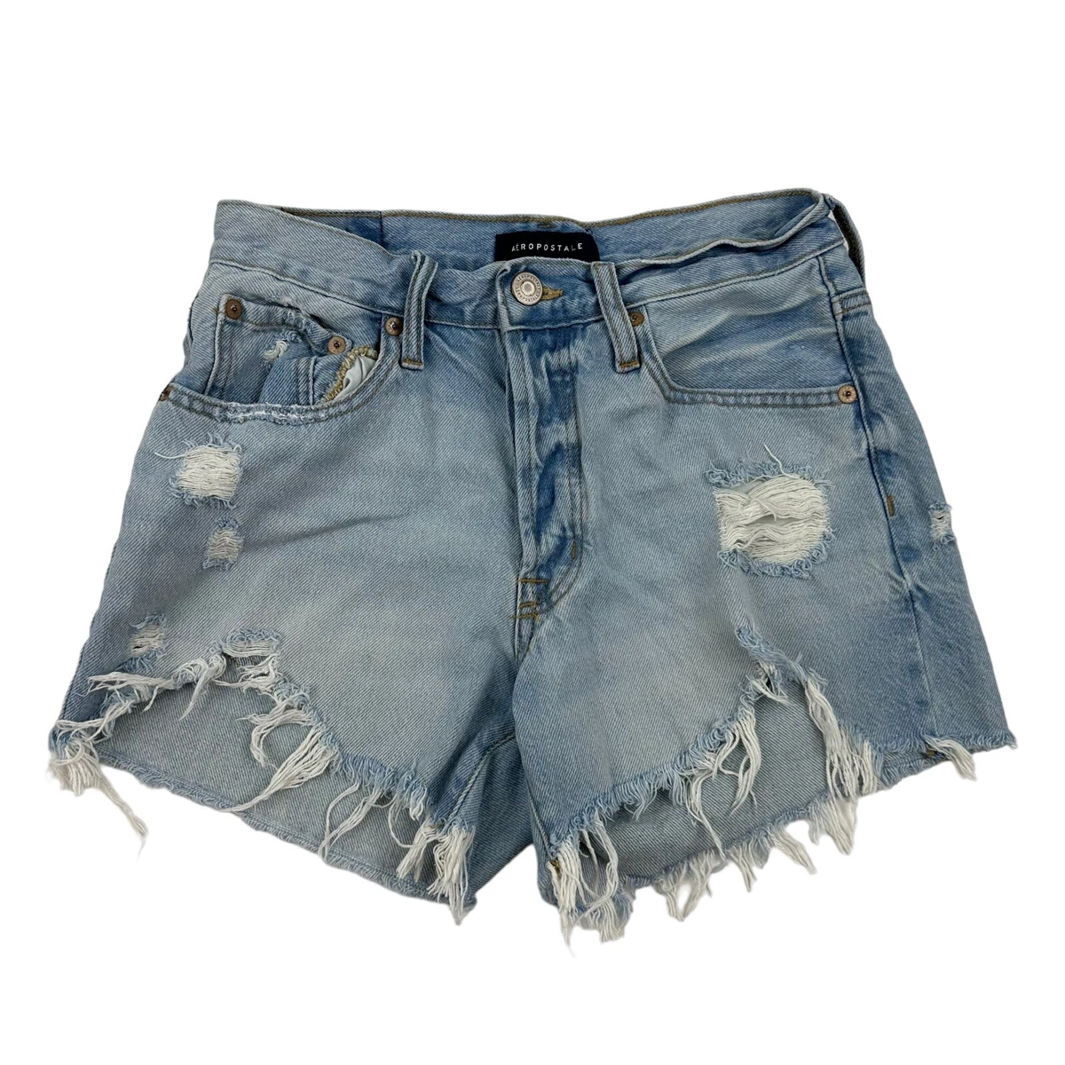 Aeropostale 90 s High Rise Cut Off Denim Jean Shorts Sz 4 Distressed Light Wash
