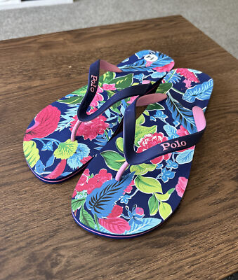 POLO RALPH LAUREN BOLT FLIP FLOPS BLUE PINK TROPICAL