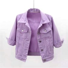 Womens Denim Jacket Lady Coat Color Plain Top Button Up Ladies Short Jean Top