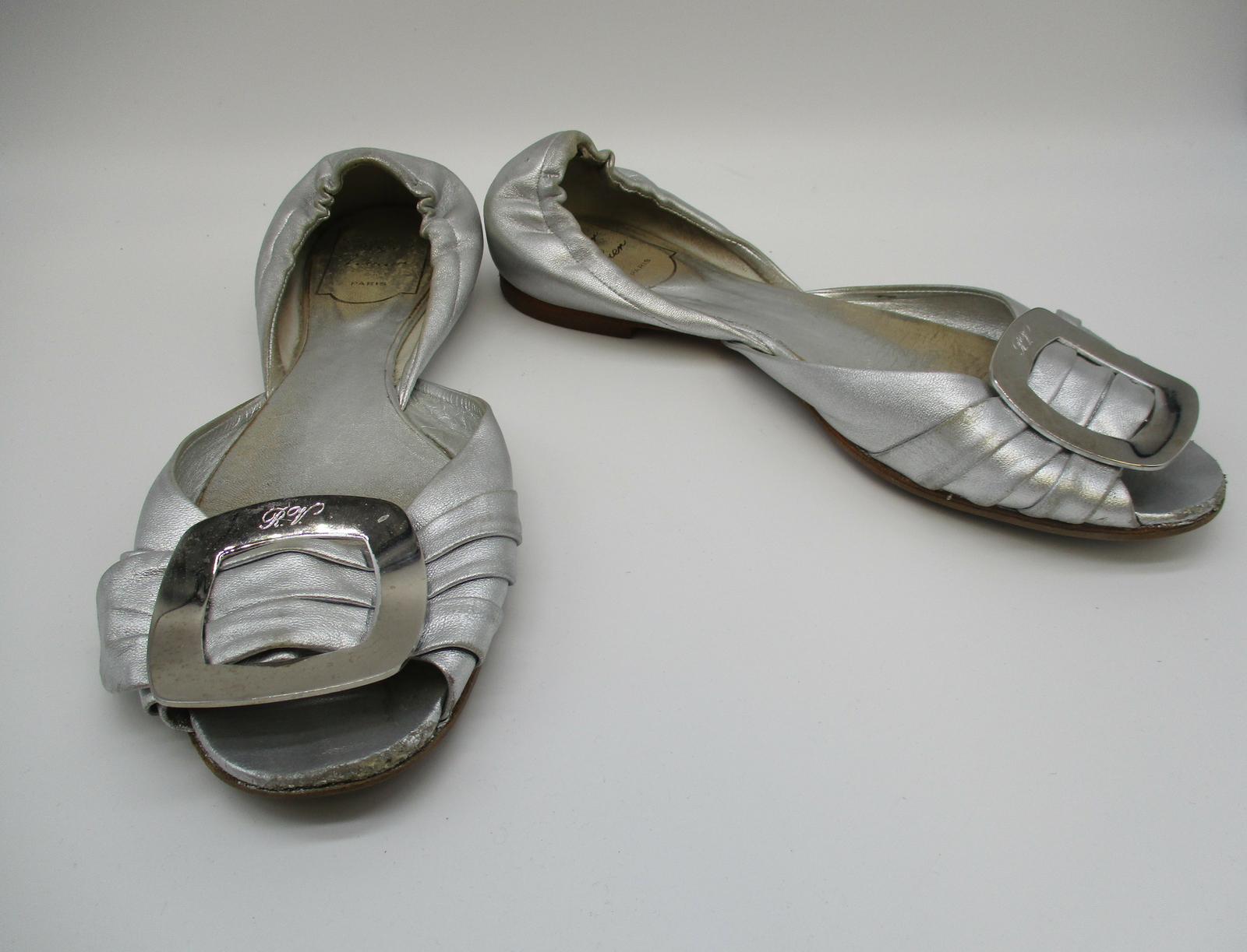 silver peep toe flats
