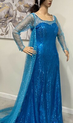 New Adult Sequined XL Frozen Elsa Blue Dress Costume with Lining