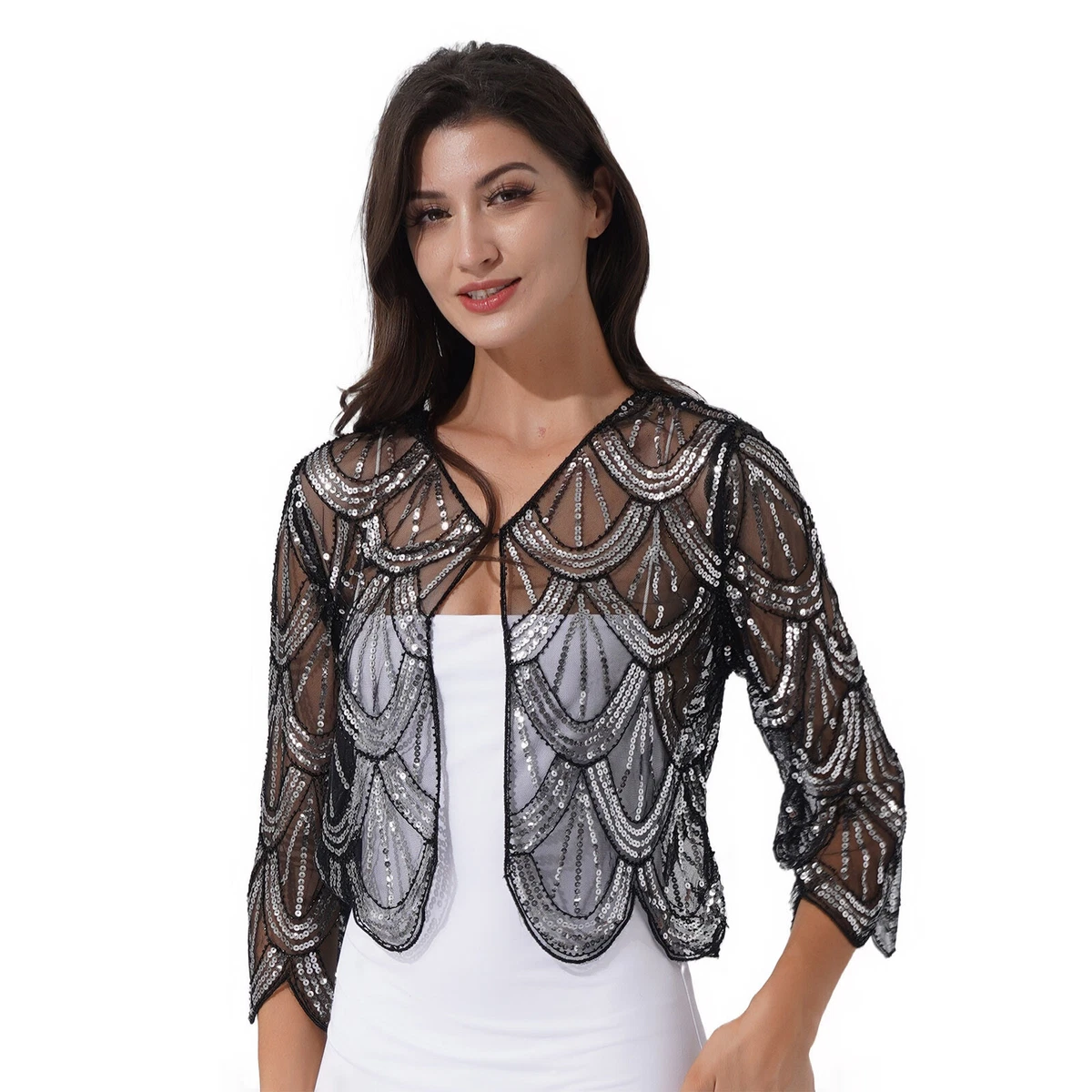 silver shrugs for evening dresses Zaldita Women's Sequin Jacket Short Sleeve Open Front Cropped Bolero Formal M Plus Size Silver Bolero, Evening