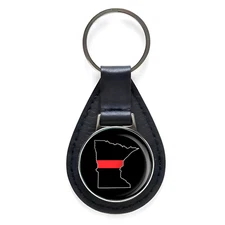 First Responder Thin Red Line Minnesota Firefighter Black Leather Keychain 