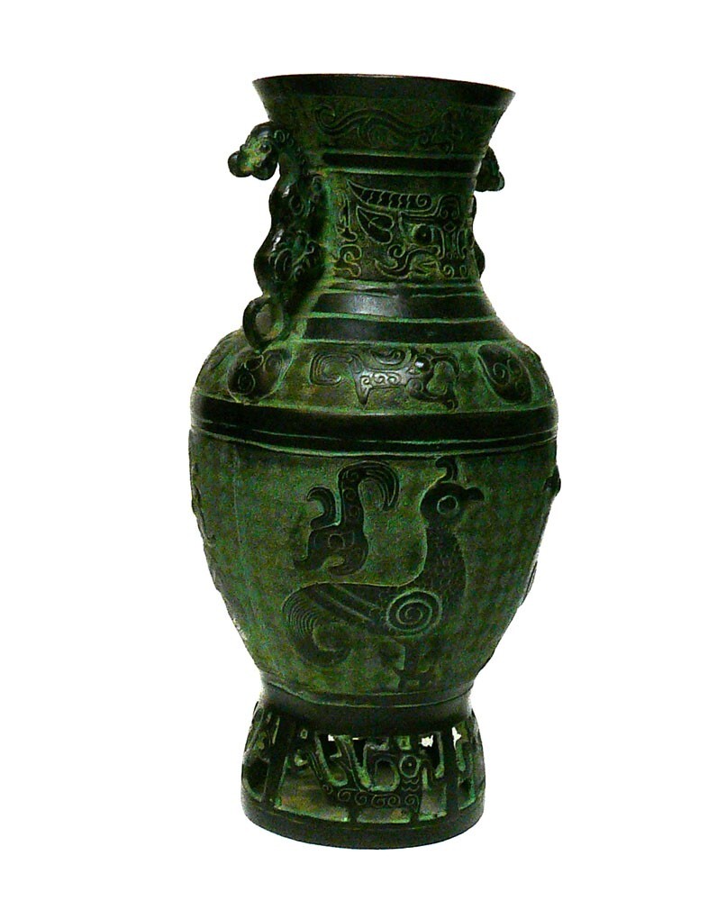Chinese Old Dynasty Green Bronze Dragons and Birds Pattern Ceremonial Vase cs1048S Chinese Old Dynasty Green Bronze Dragons and Birds Pattern Ceremonial Vase cs1048S