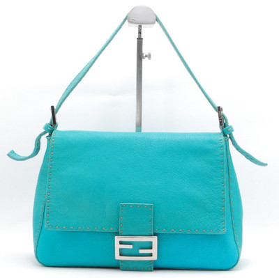 FENDI Mamma Baguette Selleria Handbag Green Leather FF Logo Flap N49-13060