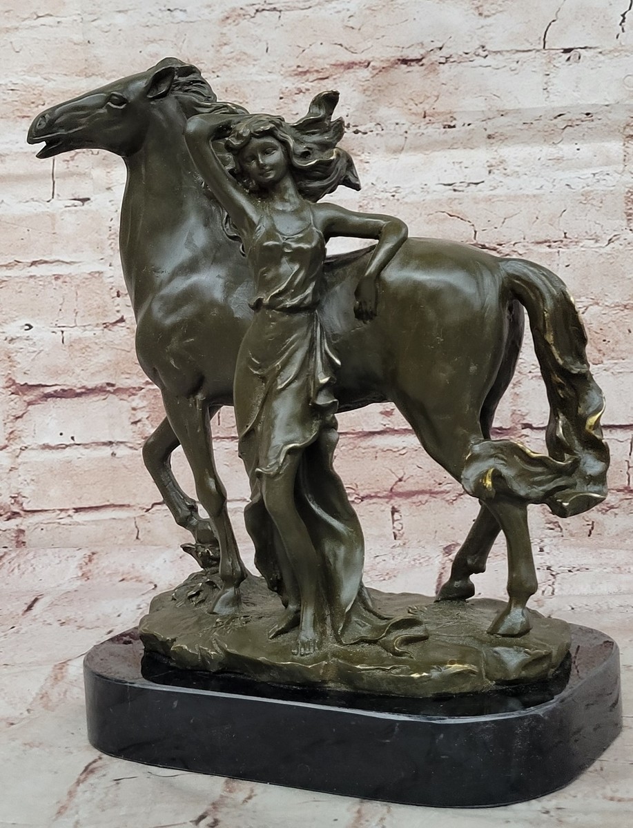 Signed Bronze Sculpture Statue of Woman with Horse Romantic