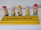 (5) Vintage 1959 Wood Fisher Price Little People School Bus wood figures .
