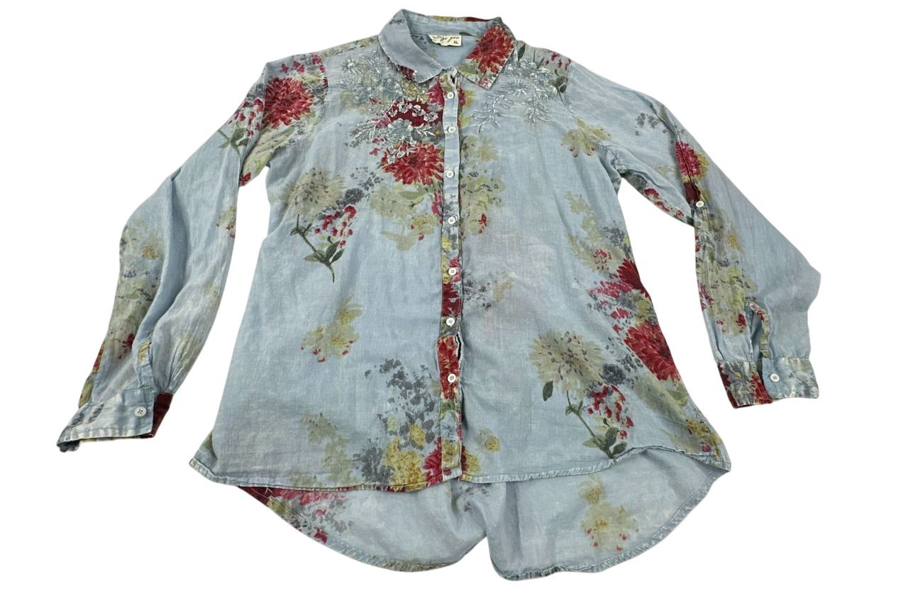 Vintage Goa Blue Floral Garden Party Embroidered Button Up Shirt Women's Size XL