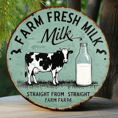 Round Farm Fresh Milk Cow Milk Bottle Metal Sign Farmhouse Kitchen Wall Decor