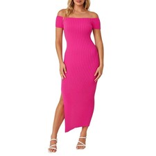 ASTR The Label Pink Ribbed Knit Off Shoulder Midi Dress Bodycon Party Size S