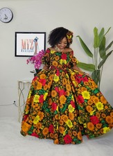 African Print long circle Dress: Shirred Ankara Cotton Dress