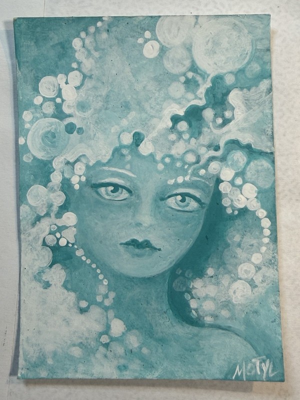 ACEO  Girl Face Turquoise Blue Clouds Bubble original painting MOTYL