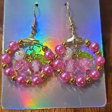 Handcrafted Pink Gold Green Beaded Dangle Earrings Cherry Blossom Theme