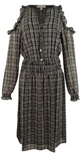 Michael Kors Tweed Haberdashery Print Georgette Cold Shoulder Midi Dress