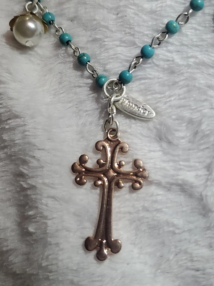 Plunder Necklace-Rose Gold Cross,Coral Flower,Pearl Pendants Turquoise Beads - Image 2 of 4