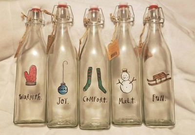 RAE DUNN BAIL & TRIGGER GLASS CHRISTMAS BOTTLES SET OF  5 BRAND NEW WITH TAGS 
