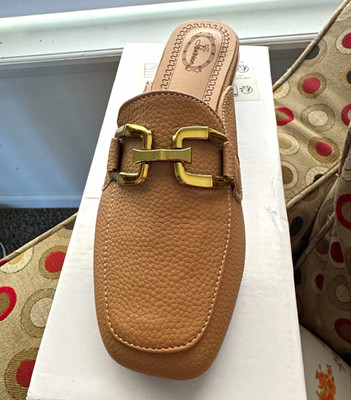 Women s Beige Slip-On Loafer Mule Flats Buckle Square Toe 6.5-7