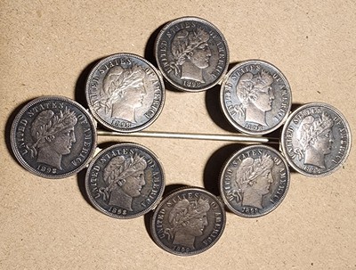 Unique Coin Brooch Containg 8 High Grade 1898 Barber Dimes