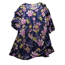 SJS Navy Floral Ruffle Bell Sleeve Shift Dress Womens Medium Pink Yellow Boho