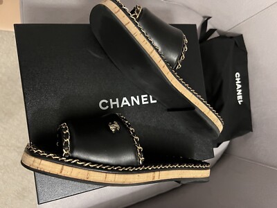 CHANEL SANDALS MULES SHOES BLACK-LEATHER WITH GOLD CHAIN SIZE 39