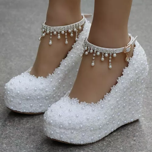 Frauen-Faux-Perlen-Spitze-Keil-Sandalen-Absatz-Plattform-Hochzeits-Braut-Schuhe - Bild 10 von 16