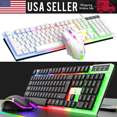 Rainbow RGB Full Size Backlit Keyboard Mouse Combo Set Wired Gaming Office Black