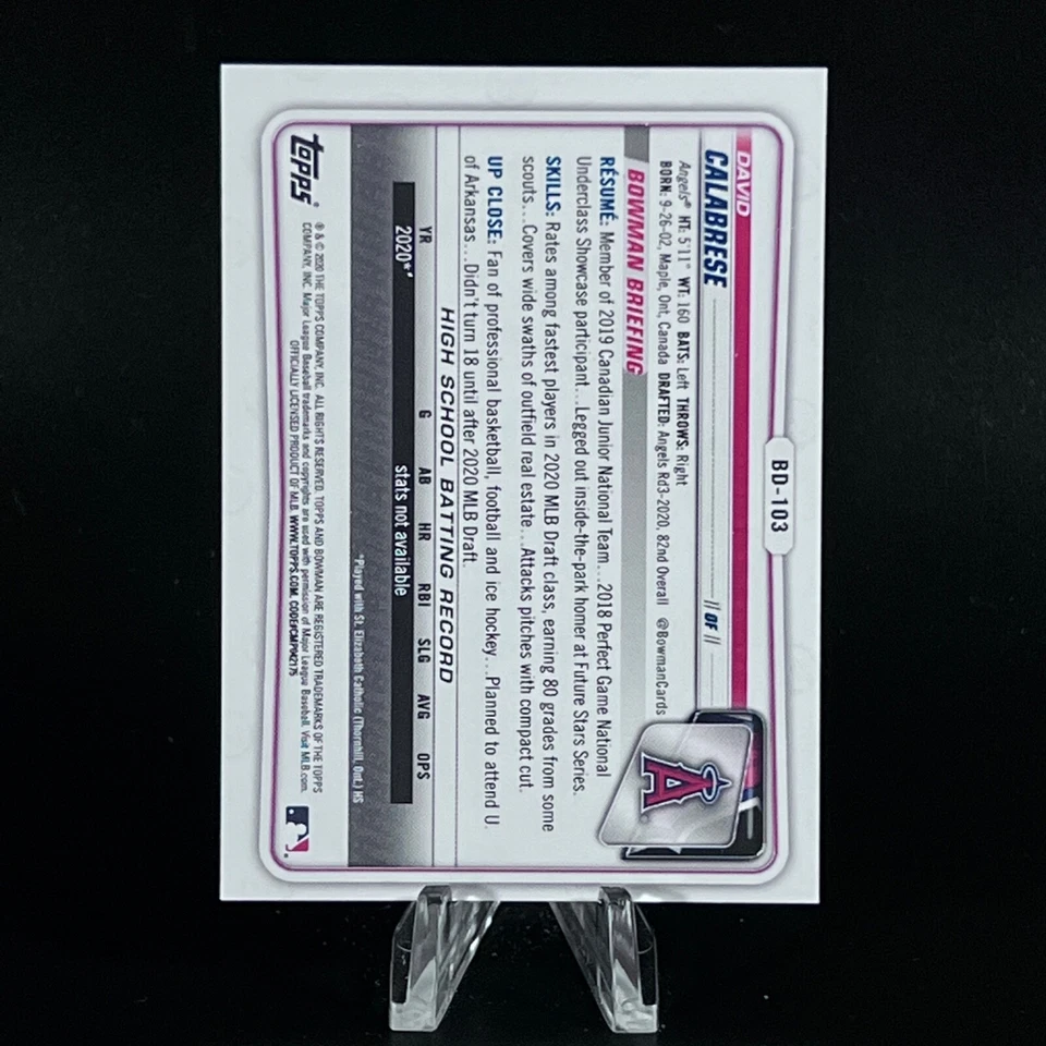 David Calabrese 2020 Bowman Draft 1st Paper Green #/99 BD-103 LA Angels LOOK!! - Image 2 of 2