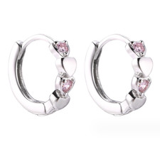 925 Sterling Silver Heart Pink CZ Huggie Hoop Earrings 12mm Women Girl Box D31